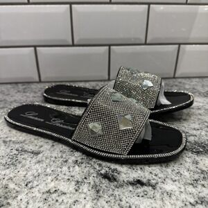 Bianca‎ Slip-On Sandals Lauren Lorraine Women 9.5 Black Open Toe Rhinestones New